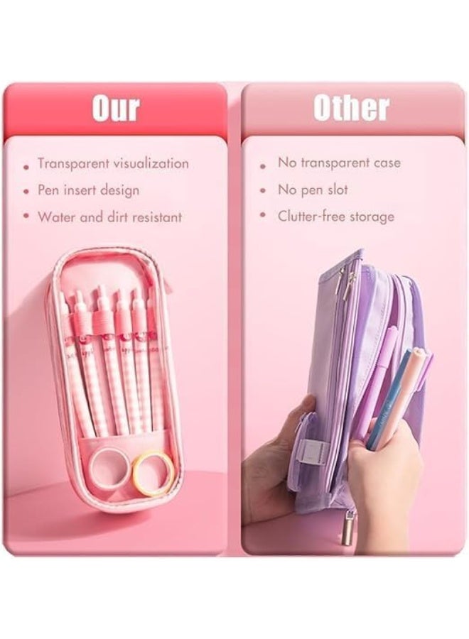 Large transparent fabric pencil case + 3 Forever pencils - Aesthetically pleasing organizer with 3 compartments and a durable zipper, the perfect stationery set for school and office - Image 4